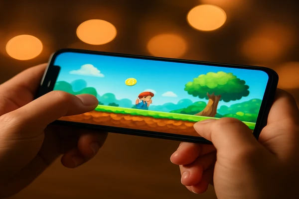 একজন ব্যবহারকারী স্মার্টফোন হাতে সহজভাবে অনলাইন গেম খেলার উপভোগ করছেন