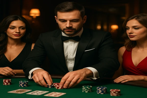 একজন নারী ল্যাপটপে অনলাইন গেম উপভোগ করছেন, চারদিকে উজ্জ্বল ক্যাসিনো পরিবেশ ছড়িয়ে পড়ছে