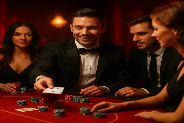 আলো ঝলমলে গেমিং পরিবেশে একজন আত্মবিশ্বাসী ডিলার ব্যবহারকারীদের bd777 অ্যাকাউন্টে নিরাপদে প্রবেশ করতে আহবান জানাচ্ছেন।